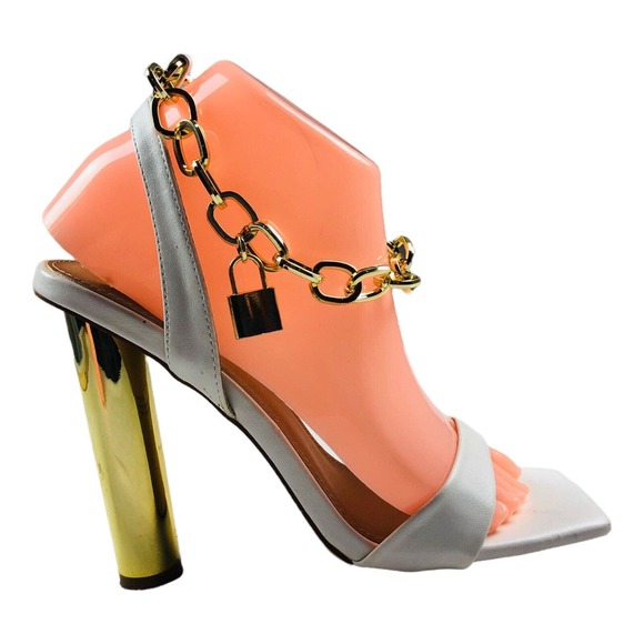 White Peep Toe Chain Link Heels Womens US 8 Square Toe Sandals Party Glam - Picture 2 of 7